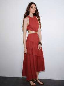 PREMIUM LINEN HOLLOW-OUT WAIST DRESS, VACATION STYLE, SPRING/SUMMER - Redwood - View 6