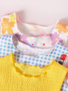 SHEIN 6件/套 嬰幼兒女童 0-3歲 可愛夏季度假 柔軟波浪針織面料 無袖上衣T恤 & 短褲套裝 淡黃色 - 彩色 - 查看 6
