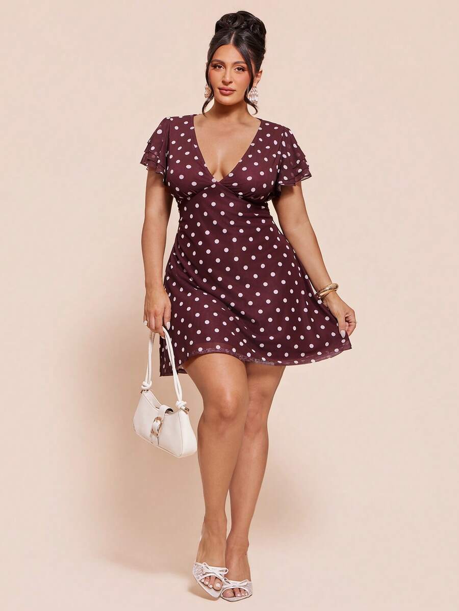 SHEIN BAE 大码V领荷叶边短裙 - 彩色 - 查看 1