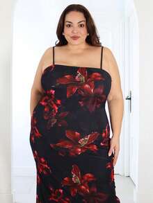 Pretty and Ole Plus Size Summer Vintage Black Placement Burgundy Floral Elegant Mesh Strap Dress, Vacation Outfit.. Plus Size Dresses Summer. Resort Dresses For Women,Beach Dress Sundress,Holiday Outfits Boho/Elegant Plus Size Floral Print Spaghetti Strap Long Dress For Women.Summer Outfits, Valentine's Day Outfits Party - Multicolor - View 4
