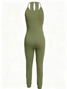 EMERY ROSE Sleeveless Solid Color Halter Jumpsuit, Casual For Summer - Green - View 4