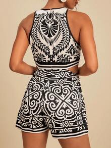 Travachic Bộ jumpsuit nữ phong cách Bohemian in hoa khoét eo, thích hợp cho kỳ nghỉ. - màu đen - Xem 2