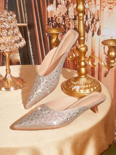 CUCCOO TILAWA Women's Shoes Pointed Rose Gold Rhinestone Decorative Kitten Heel Gorgeous Wear Dinner Shoes High Heels Shoes