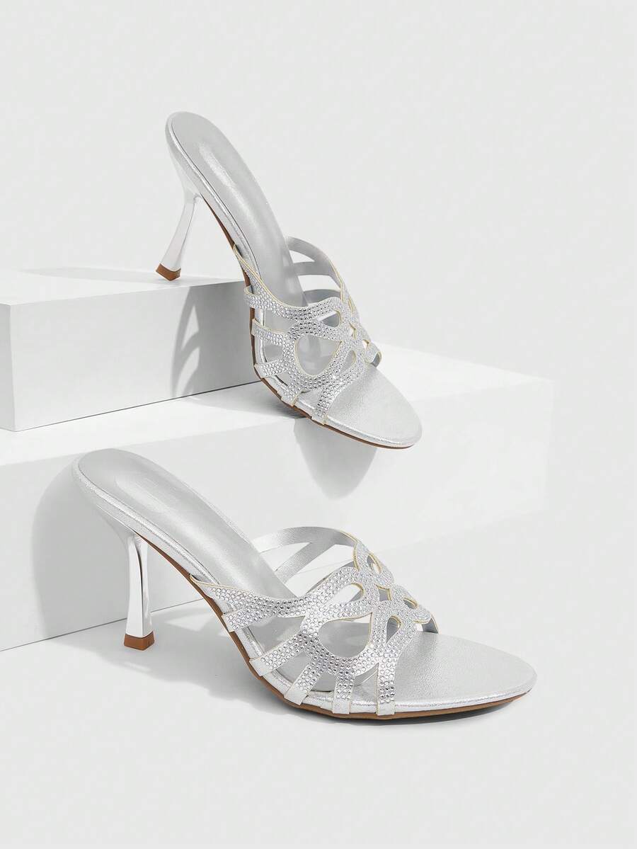 CUCCOO SZL Women's Sandals, Spring And Summer, Rhinestone Hollow Design, Open-Toed, Stiletto, Party Club, Silver High-Heeled Sandals. - Silver - View 1