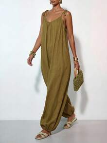 Zivah Loose Olive Green Summmer Boho Beach Vacation Holiday Jumpsuit For Women,Textured Suspender Wide-Leg Lantern Flower Tulip Modern High-Street Casual-A - Mustard Yellow - View 4