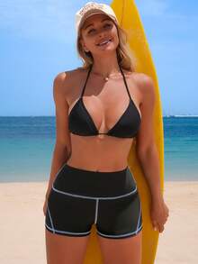 Swim SPRTY Women's High Waist Patchwork Sports Shorts, Slimming, Fashion Sporty, Spring/Summer Beach Black - Black - View 5