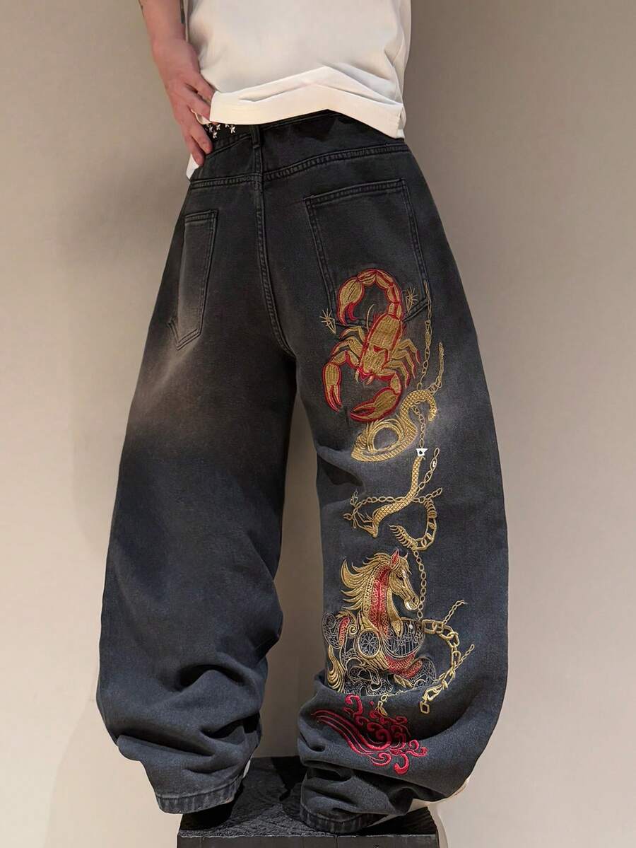 STEELVANCE Celana Jeans Kasual Model Lurus Longgar dengan Desain Bordir Kumis Kucing Bergaya Vintage dan Efek Usang, Streetwear Serbaguna - Hitam - View 1