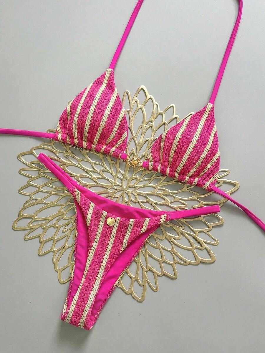 Swim Mod Women's Spring/Summer New Special Fabric Metal Decor V-Neck Halter Backless Triangle Top & Bikini Bottom Two Pieces Swimwear - Hot Pink - View 1