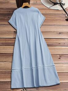 Rusticease Plus Size Women's Light Blue Summer Boho Beach Holiday Casual V-Neck Contrast Lace Loose Short Sleeve Solid Color Flowy Midi Dress,Spring Break Outfit - Baby Blue - View 3