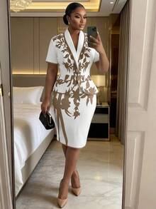 SHEIN Lady Plus Size Women Plant Pattern Shawl Collar Short Sleeve Jacket And Mini Skirt Elegant Suit Set - Khaki - View 1