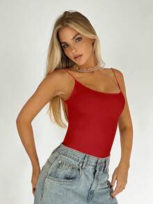 SHEIN EZwear 女士夏季时尚纯红色露背吊带背心 - 紅色 - 查看 4