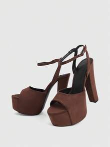 CUCCOO LuxiPop Women Shoes Outdoor Women's Round Toe Coarse High Heel Fleece Fabric Stylish, Simple, Breathable And Comfortable Daily Party Nightclub Banquet Buckle Solid Dew Heel Sandals, Nightclub Party Style, Suitable For Spring And Summer, Holiday Season 2000's Style, Holiday Atmosphere, Summer Wear, Travel Essential Summer Shoes - Brown - View 6