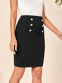 Medorina Fake Button Bodycon Skirt - Black - View 5
