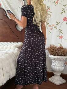 CottageSlumber Floral Bow Decor Fitted Dress For Women - Black - View 2
