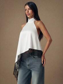 SHEIN BAE Áo hai dây satin màu đen trơn, phối ren, gợi cảm, hở lưng, cổ yếm, viền ren, thích hợp cho tiệc tùng, cocktail và các dịp trang trọng. - trắng - Xem 5