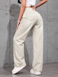 SHEIN ICON Jeans de pierna ancha de unicolor con bolsillo en diagonal para uso casual diario - Caqui - Ver 2