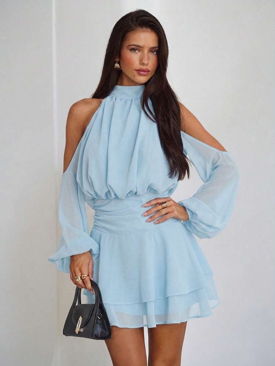 Aloruh Vestido Roxo-Vermelho de Manga Longa Ombro de Fora, Vestido Elegante Casual de Colarinho Pequeno, Primavera - Azul bebê - Visão 1
