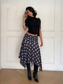 Aloruh Chân váy midi kẻ caro vạt lệch mới cho nữ mùa xuân/hè, phong cách đường phố retro Y2K. - màu nâu - Xem 5