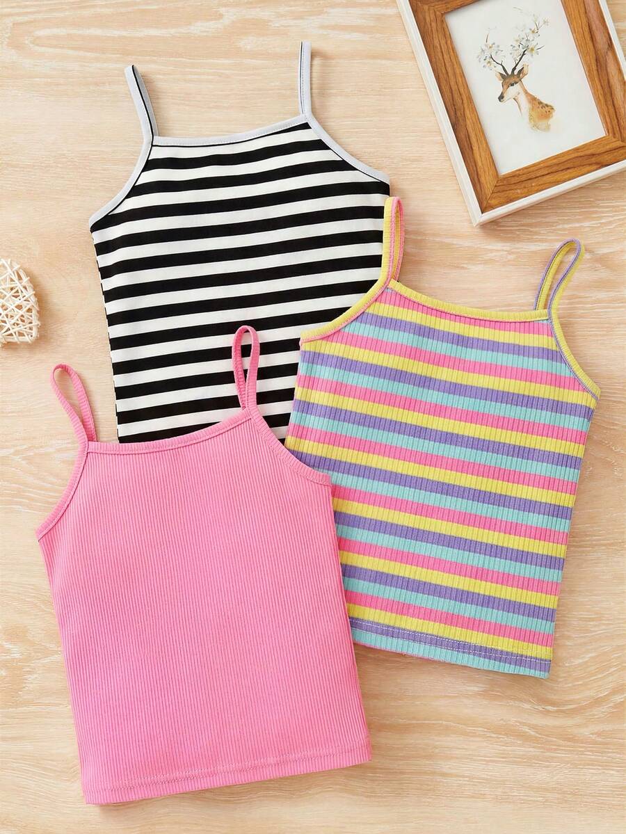 SHEIN 3pcs/Set Young Girl Solid Color & Striped Patchwork Casual Versatile Daily Wear Camisole Tops - Multicolor - View 1