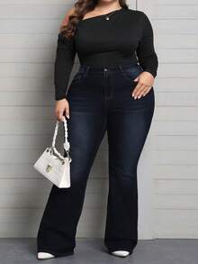 SHEIN CURVE+ جينز واسع مريح للنساء ذوات الأحجام الكبيرة، مزود بجيوب وأزرار، قابل للارتداء في المناسبات اليومية المتنوعة - أزرق بحري - مشاهدة 3