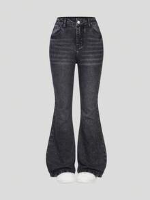 SHEIN Quần jeans ống loe co giãn, đa năng, phổ biến thời trang Y2K dành cho các cô gái tuổi teen. - màu đen - Xem 3