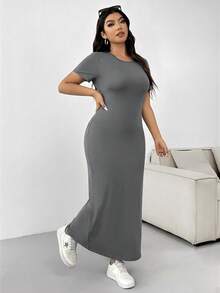 SHEIN EZwear 大码女式夏季纯色圆领短袖不对称下摆休闲连衣裙，深灰色 - 深灰色 - 查看 4