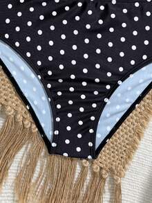 SHEIN Tween Girl Tankini Set,Brown Polka Dot,Summer,Cute,Beach,Holiday,Spaghetti Strap Tankini Swimwear,Elegant Ladylike Sports,Swimming,Pool,Summer Gift - Black and White - View 3