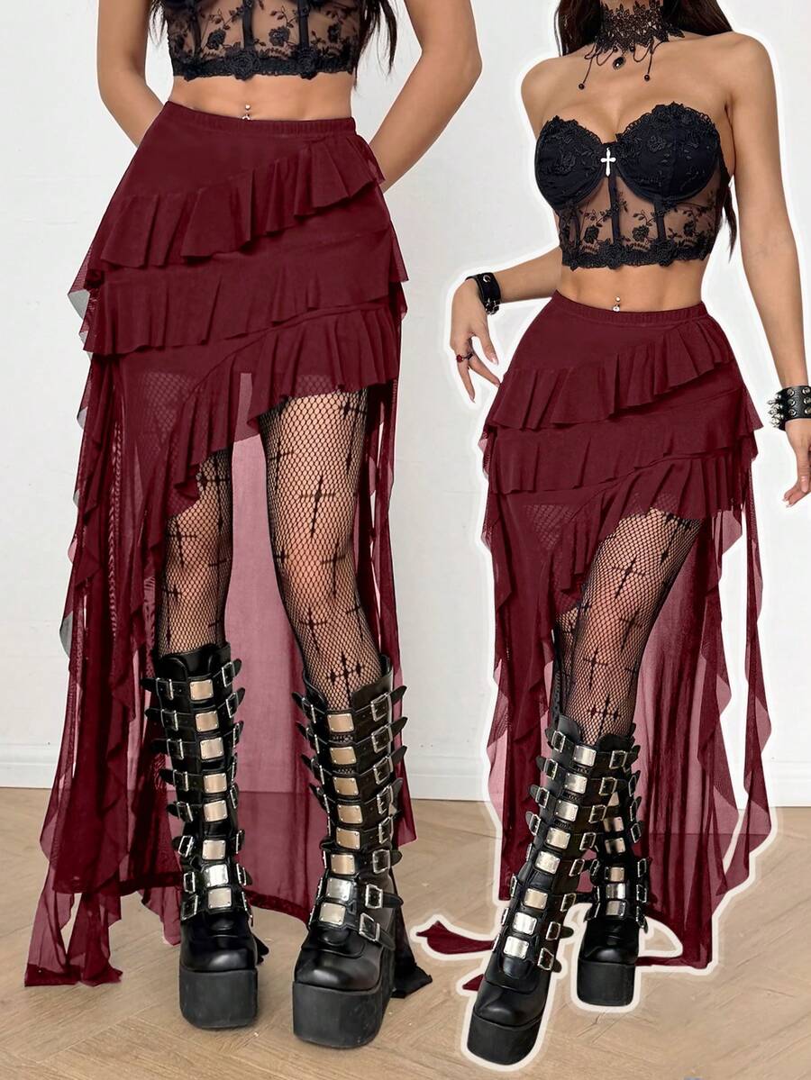 Coolane Váy dài nữ mùa Xuân/Đông phong cách Gothic Y2K, thời trang đường phố, du lịch, Boho Y2K, nhạc đồng quê, Gyaru, ren, bất đối xứng, xếp nếp, tua rua, màu đen, cạp thấp. - Màu Đỏ Sâu - Xem 1
