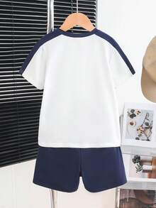 6pcs/Set Summer,Career Day,Back-To-School Boys Street Style Splatter Paint Print Short Sleeve Tee & Shorts Outfit,Young & Little Kids 2-Piece Set - Navy Blue - View 2