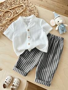LMoss Kids 2pcs Baby Boy Woven Solid Color Collared Shirt And Pants Set - Multicolor - View 5