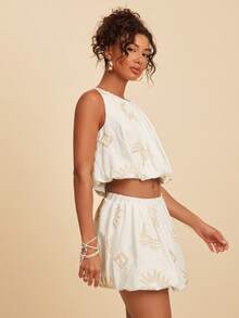Travachic Bộ 2 món áo hai dây và chân váy ngắn bằng vải chiffon dành cho nữ, thích hợp cho kỳ nghỉ xuân/hè. - Màu be - Xem 6