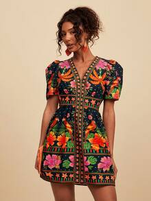 SHEIN TRVLCHIC 女士热带印花迷你休闲连衣裙，适合度假 - 彩色 - 查看 4