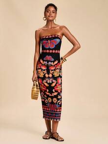 Travachic Frida Kahlo X SHEIN Women's Floral Butterfly Print Bodycon Dress, Suitable For Spring/Summer Vacation Beach Black Floral Boho - Multicolor - View 5