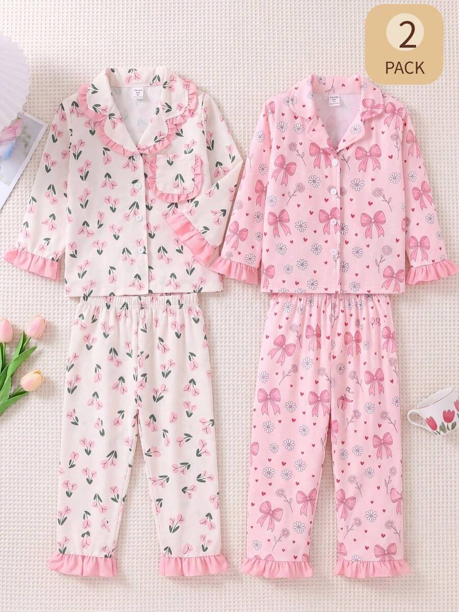 SHEIN Young Girl Flower Printed Long Sleeve Top And Long Pants Casual Home Outfit Set - Pink - View 1