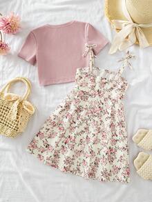 SHEIN 2件套女童时尚粉色罗纹露脐上衣和印花系带露肩吊带迷你连衣裙套装，适合春夏女童服装套装、夏季女童套装、春季套装、连衣裙、夏季连衣裙、粉色连衣裙 - 粉色 - 查看 5