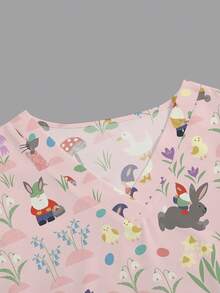SHEIN Women's Pink V-Neck Short Sleeve Scrub Top,Cute Cartoon Rabbit Print Nurse Doctor Uniform,Veterinary Nutritionist Work Wear,Maid Functional Workwear - Pink - View 3