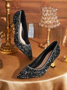 CUCCOO TILAWA Four Seasons Ladies Elegant Luxury Rhinestone High Heels Shopping Party Commuter Office Fashion Pointed Double Heel Women's High Heels - Black - View 1
