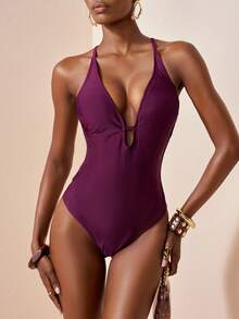 Zivah Elegant One-Piece Swimsuit With Beaded Backless Design,Purple Summer Boho Beach Holiday,Holiday Pool Party,Dark Purple Anti-Exposure Design Swimwear - Purple - View 9