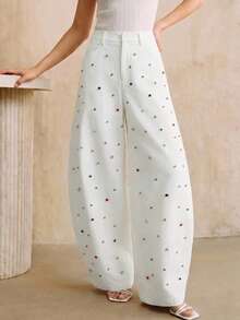 Anewsta Summer Fashionable White Flared Pants With Colorful Rhinestone Decor Women's Suit Pants - White - View 7