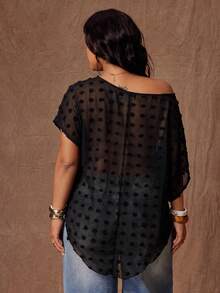 Rustia Plus Size Women's Black Chiffon Blouse With Oblique Shoulder, Short Sleeve, Elegant Sexy Retro Beach Brunch Dinner Tea Party Holiday Wear Summer - Black - View 2