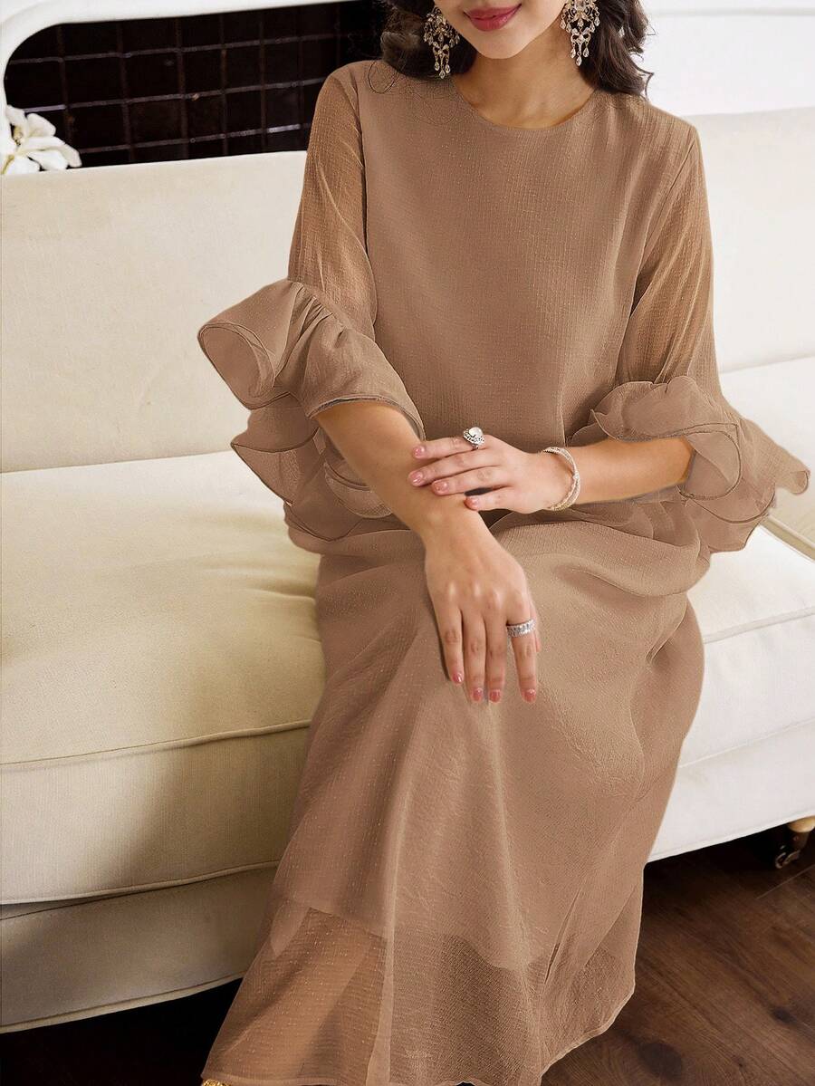 Al Najma Women's Solid Color Round Neck Ruffle Sleeve Loose Arabic Traditional Long Dress