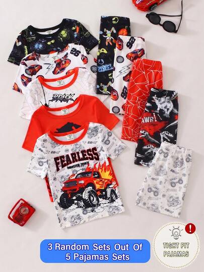 [5 Sets Random, 3 Sets Sent] Young BoySummer Short Sleeve Shorts Pajamas, Cartoon Dinosaur & Cool Off-Road Vehicle, Spider Graphic Print, Soft Knit Fabric Comfortable Sleepwear Set