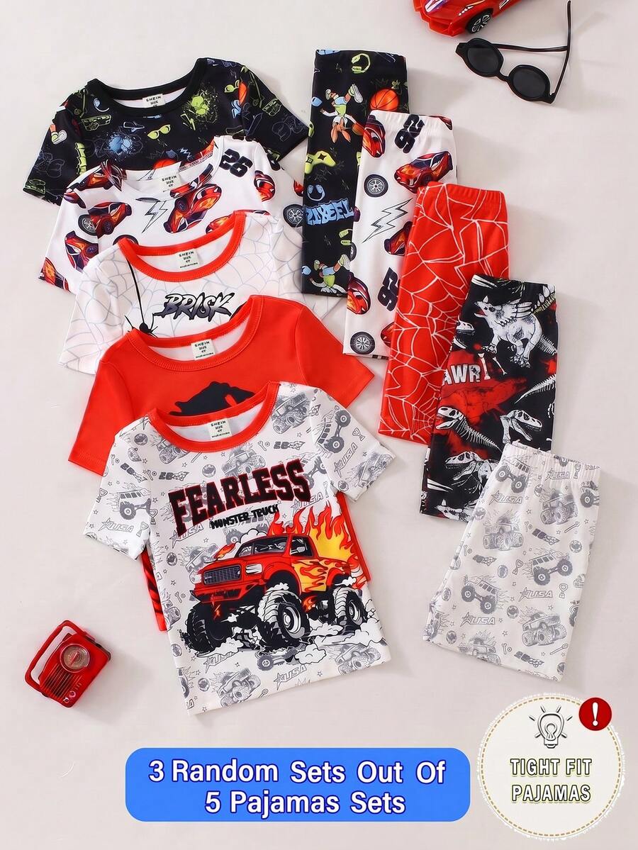 [3 Sets Random] Boys Toddler Summer Snug Fit Pajamas Short Sleeve & Shorts Multicolor Cartoon Dinosaur & Car Graphic Print Soft Knit - Multicolor - View 1