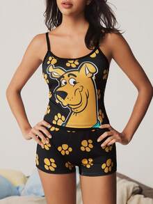 SCOOBY-DOO X SHEIN Set Camisole dan Celana Dalam Boyshort Motif Kartun - Hitam - View 3