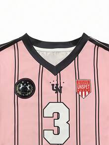 SHEIN 撞色条纹及数字印花V领修身短袖T恤 - 彩色 - 查看 3