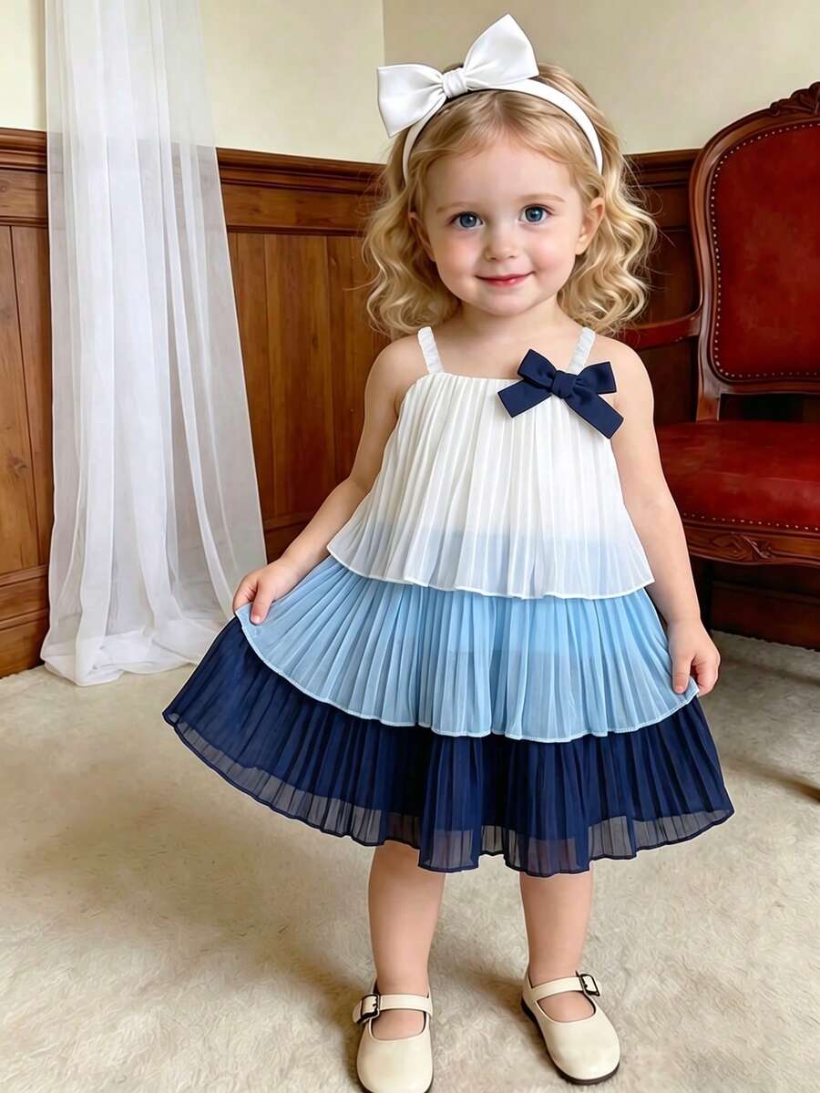 SHEIN Vintaside Kids 女婴时尚可爱无袖百褶蛋糕裙，夏季渐变色吊带设计，适合派对度假
