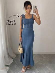 Elenzga Đầm denim không tay ôm dáng, cổ vuông, màu trơn dành cho nữ - Màu xanh lam - Xem 8