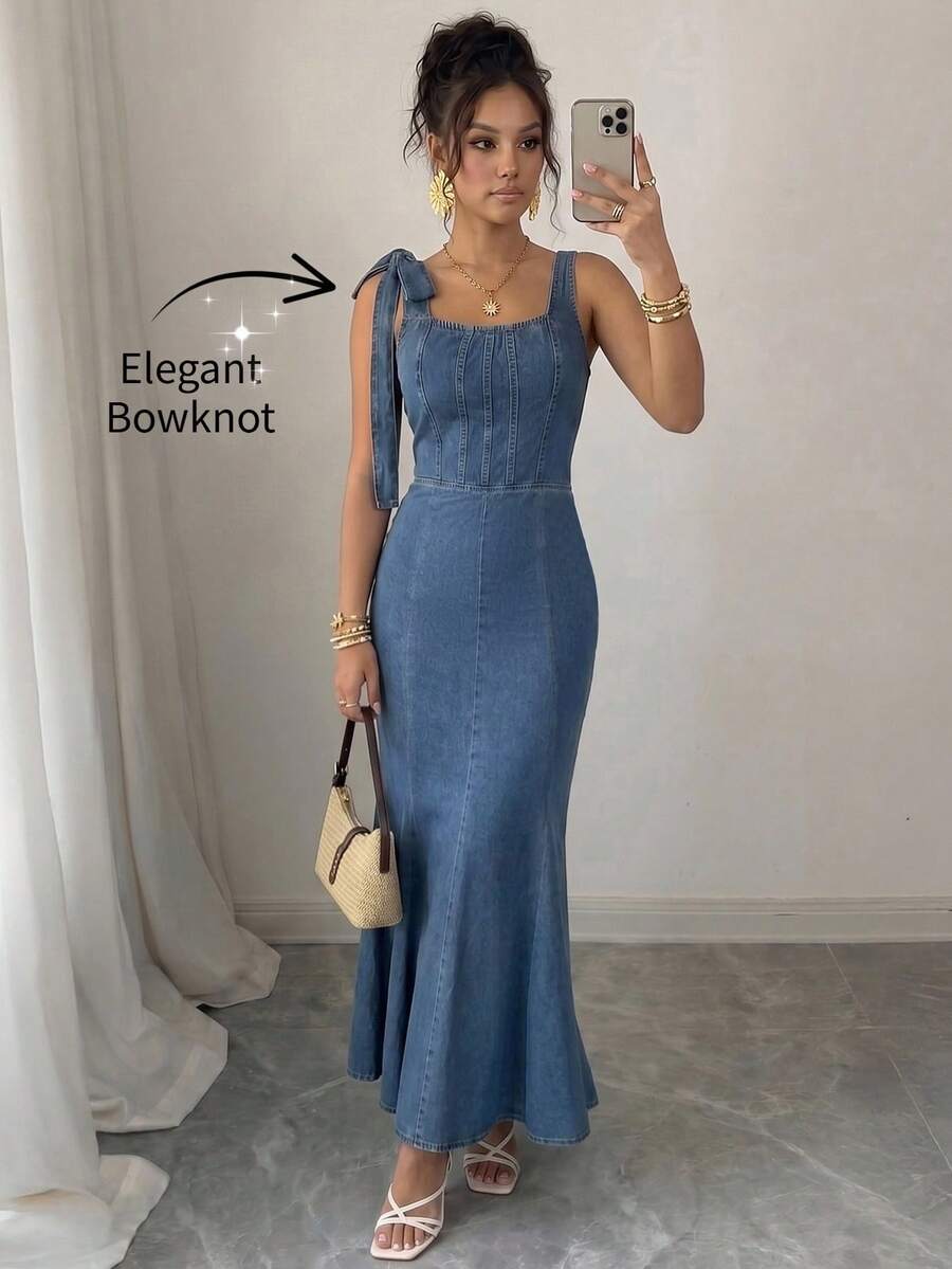Elenzga Women's Casual Chic Square Neck Sleeveless Midi Denim Dress With Button Front, Perfect For Summer Vacation And Daily Wear - Blue - View 1
