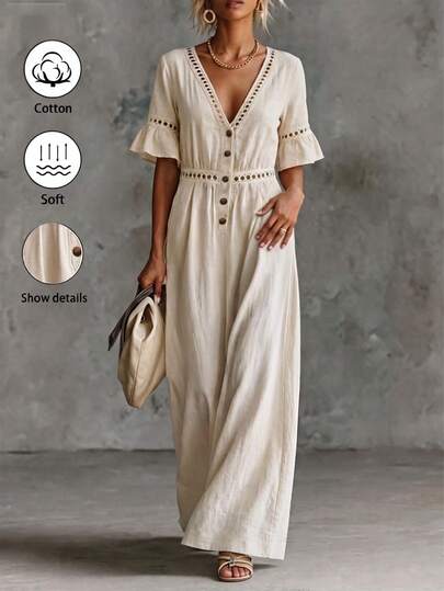 Balvessa Women's Beige Linen V-Neck Eyelet Embroidery Jumpsuit, Waist-Cinched Wide Leg Flare Sleeve Boho Vacation Romper
