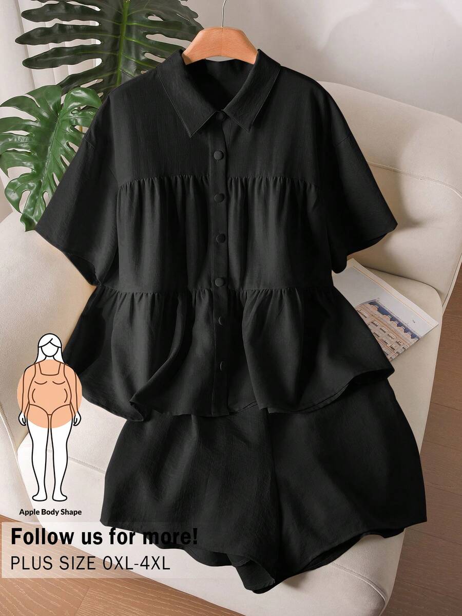 CosyJoli 大码女式纯色宽松衬衫短裤套装,休闲度假装,春夏款 - 黑色 - 查看 1